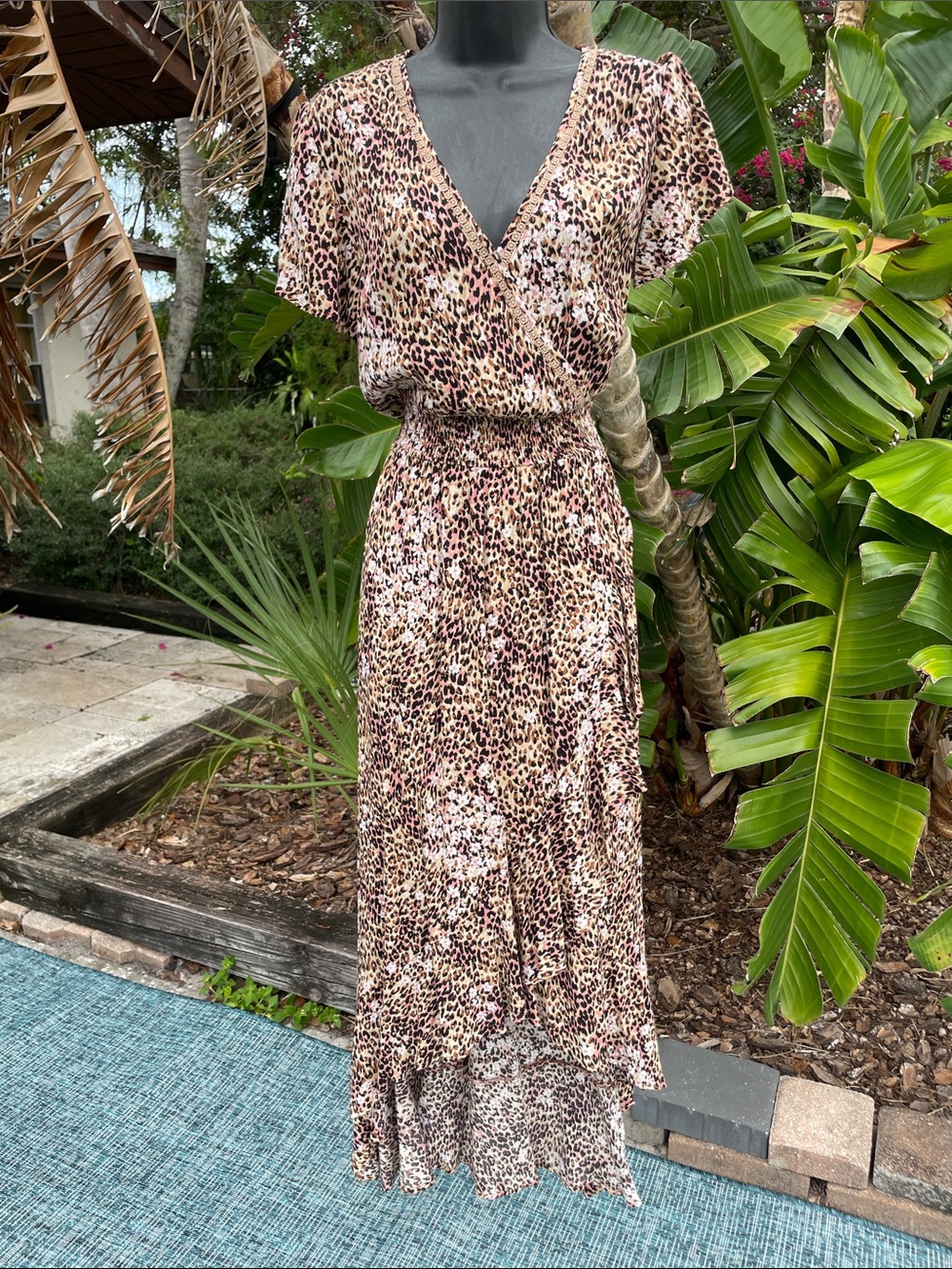 leopard print and floral wrap dress with ruffled edge by American rag
